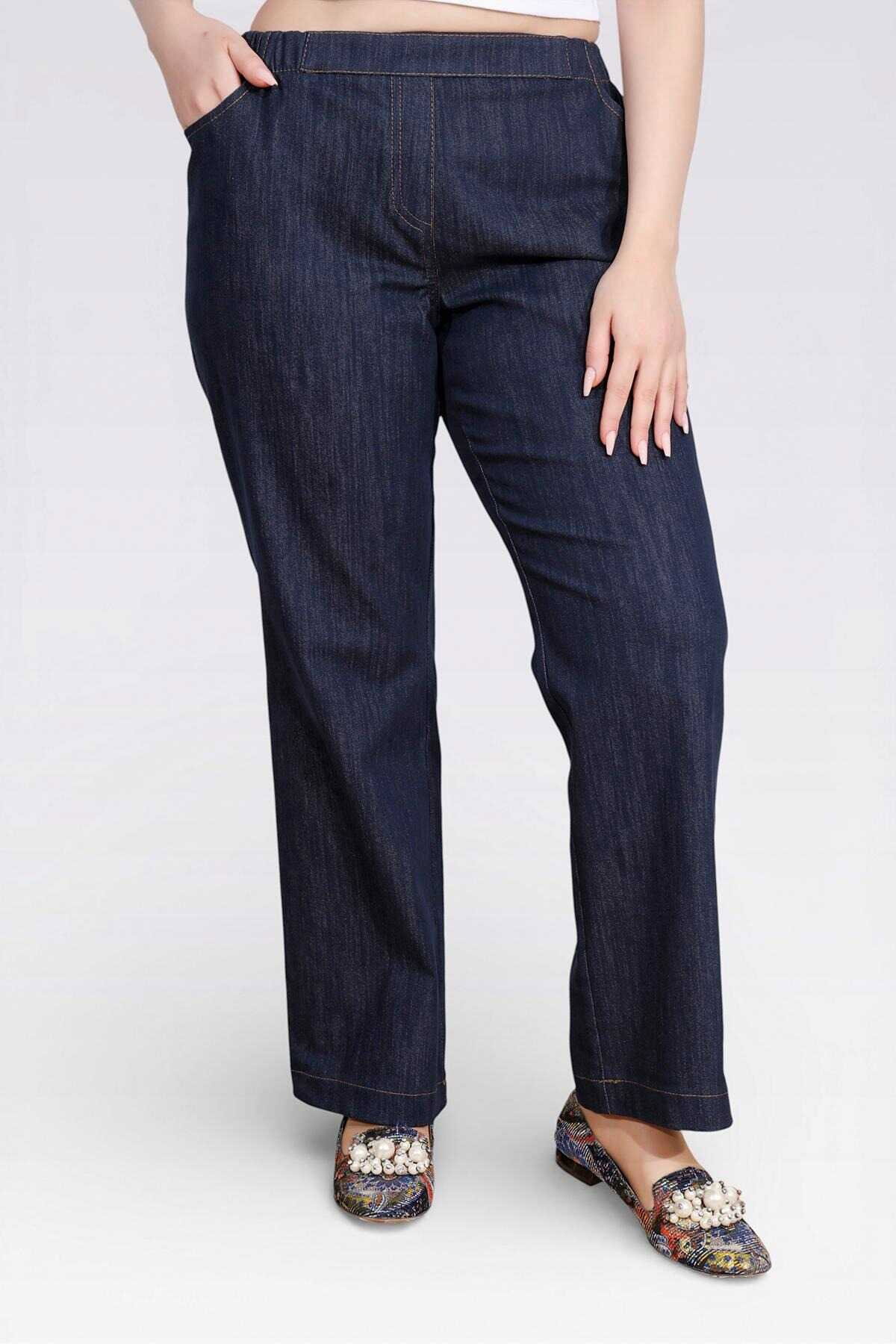 Tolga Saraçoğlu Kadın Beli Lastikli Rahat Kesim Boru Paça Denim Pantolon 30148 Lacivert - 2