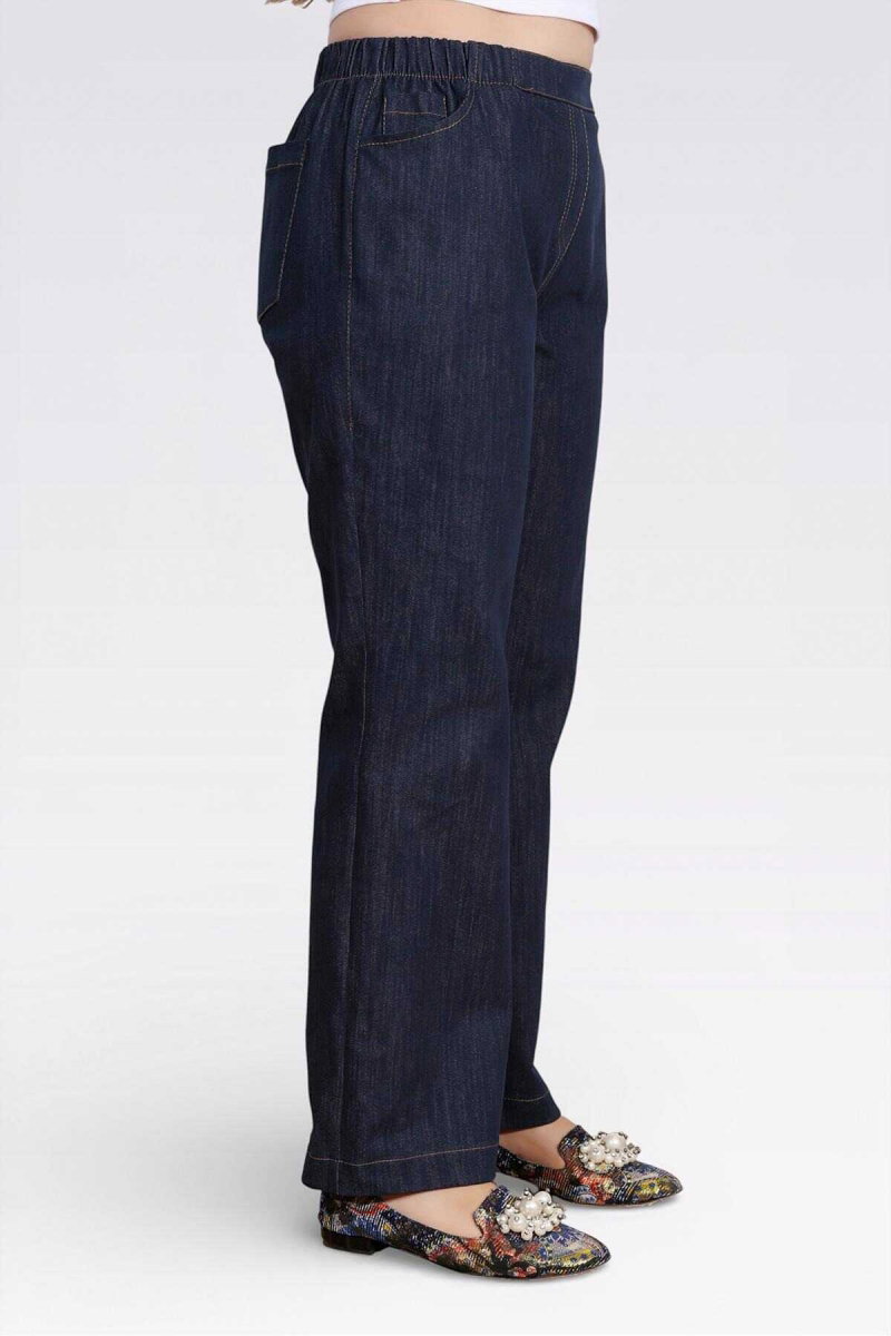 Tolga Saraçoğlu Kadın Beli Lastikli Rahat Kesim Boru Paça Denim Pantolon 30148 Lacivert - 3