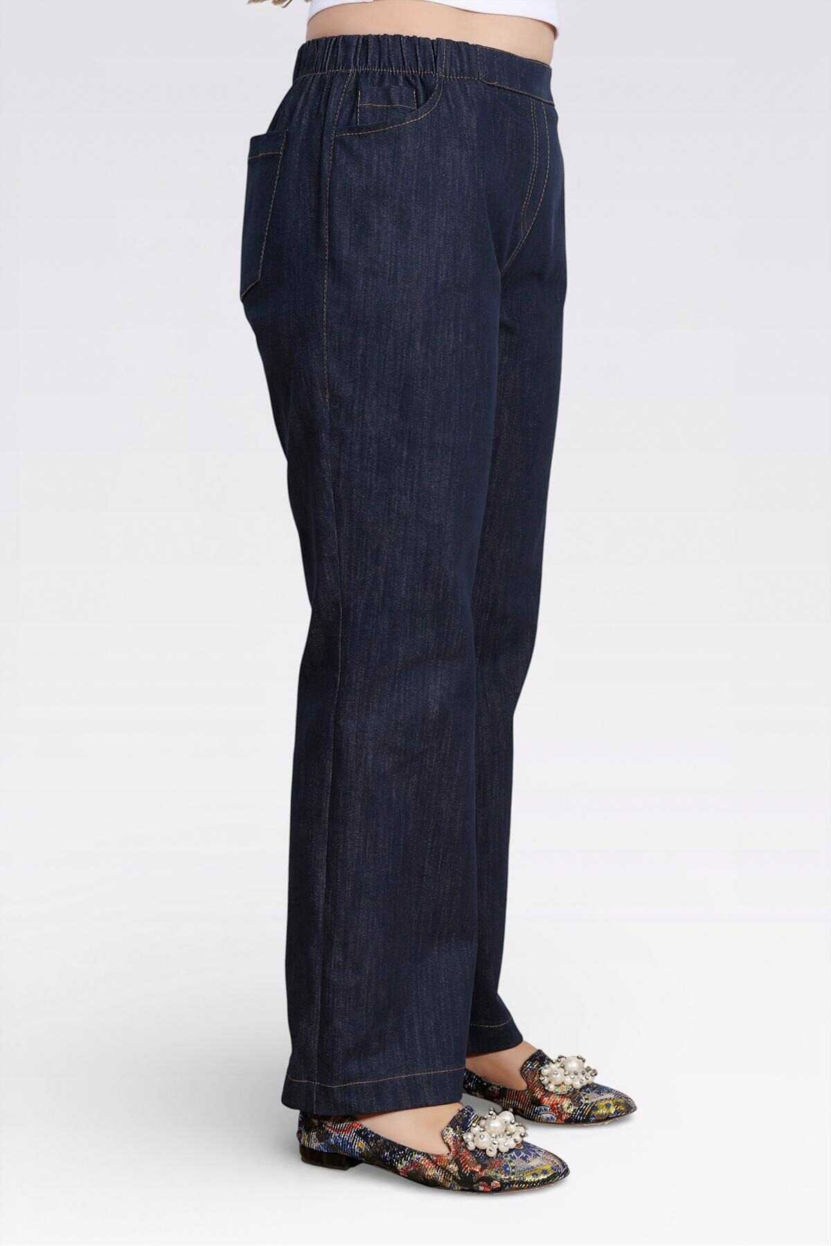 Tolga Saraçoğlu Kadın Beli Lastikli Rahat Kesim Boru Paça Denim Pantolon 30148 Lacivert - 3