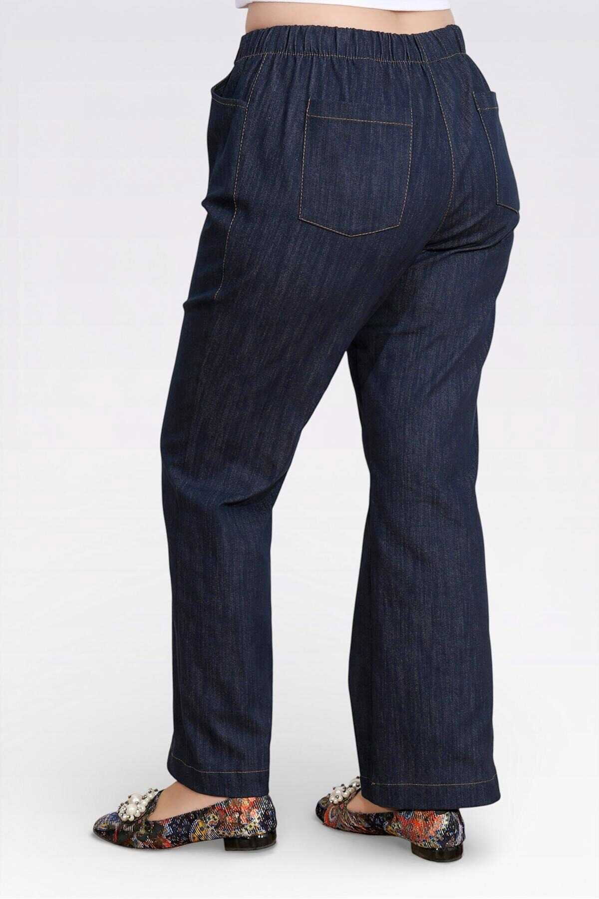 Tolga Saraçoğlu Kadın Beli Lastikli Rahat Kesim Boru Paça Denim Pantolon 30148 Lacivert - 5
