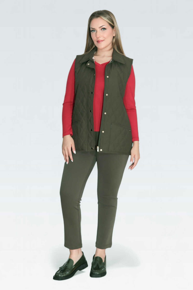 Tolga Saraçoğlu Kadın Ekose Astar Detaylı Hafif Elyaf Kapitone Yelek 70043 Haki - 2