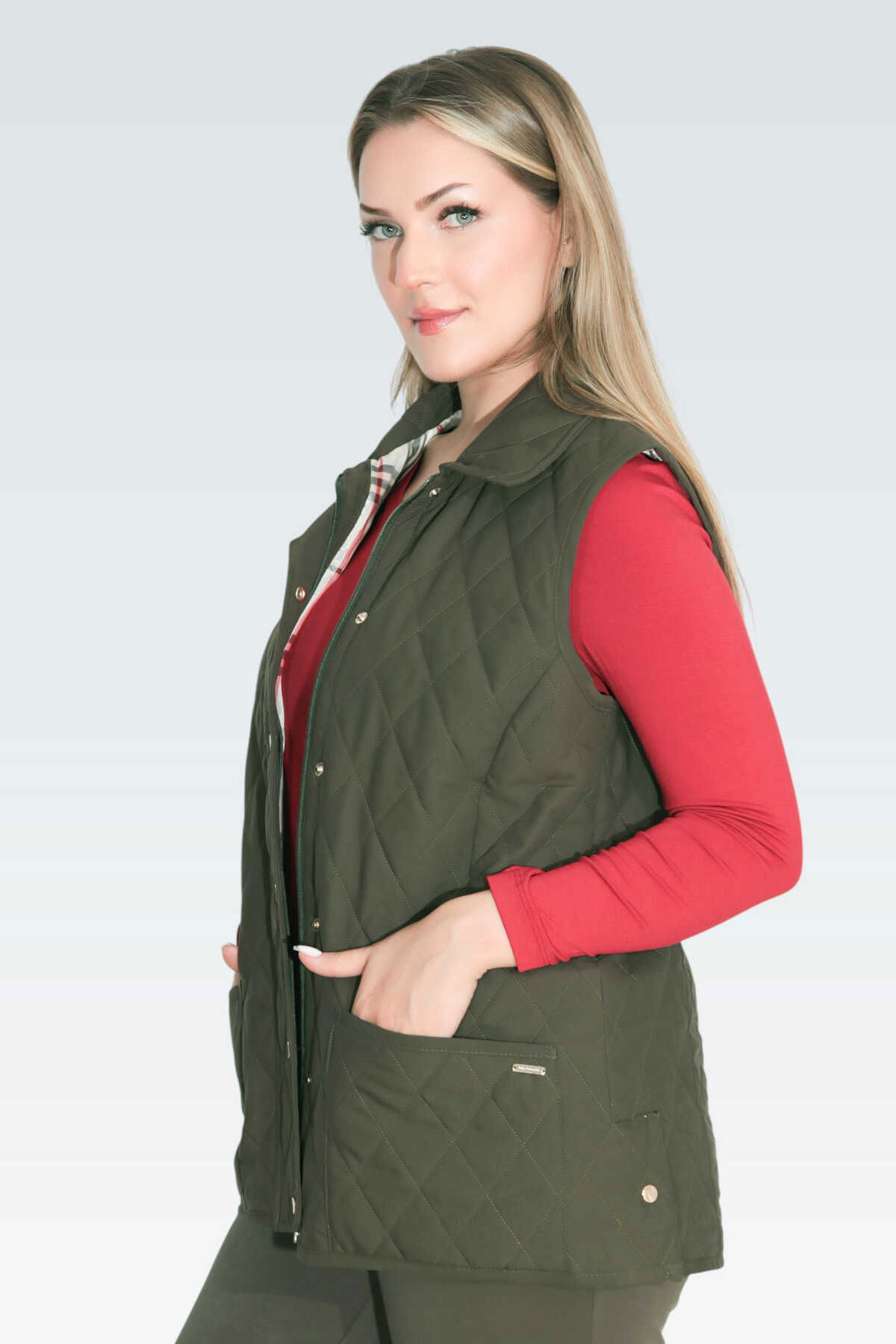 Tolga Saraçoğlu Kadın Ekose Astar Detaylı Hafif Elyaf Kapitone Yelek 70043 Haki - 3