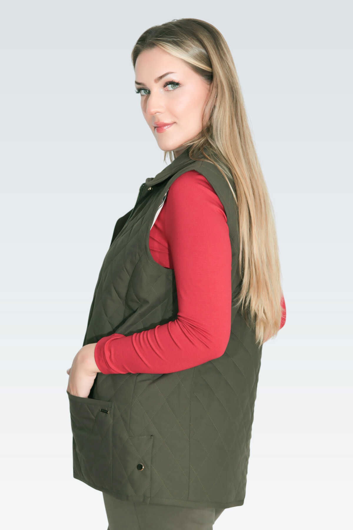 Tolga Saraçoğlu Kadın Ekose Astar Detaylı Hafif Elyaf Kapitone Yelek 70043 Haki - 5