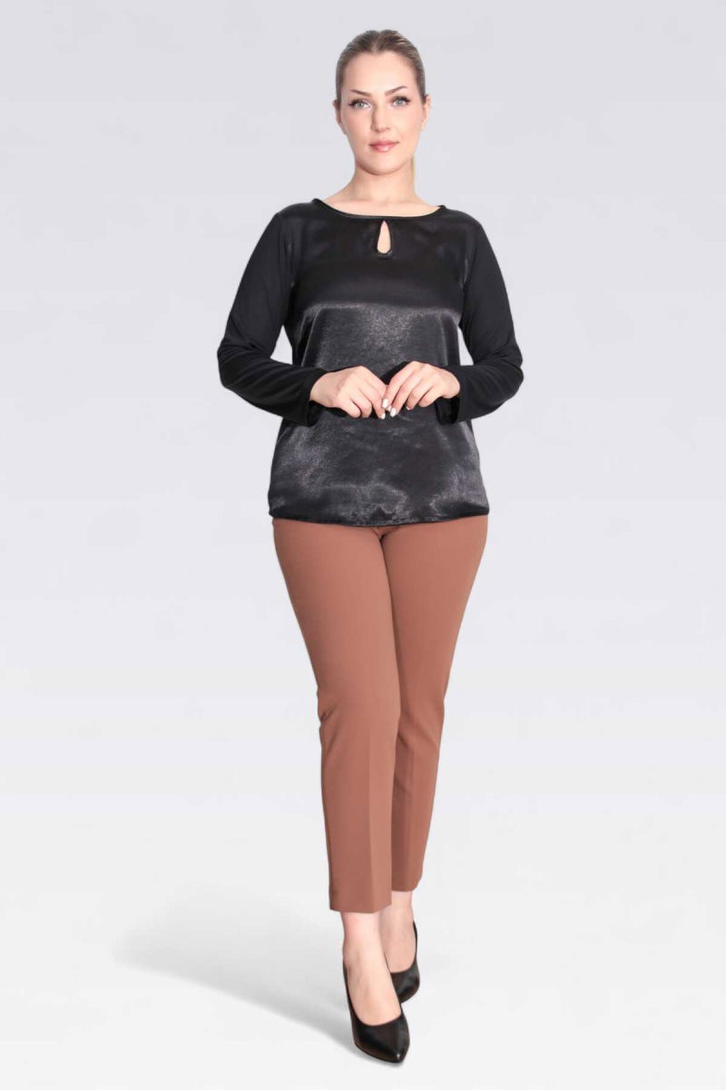 Tolga Saraçoğlu Kadın Saten Garnili Damla Yaka Örme Bluz 11049 Siyah - 2