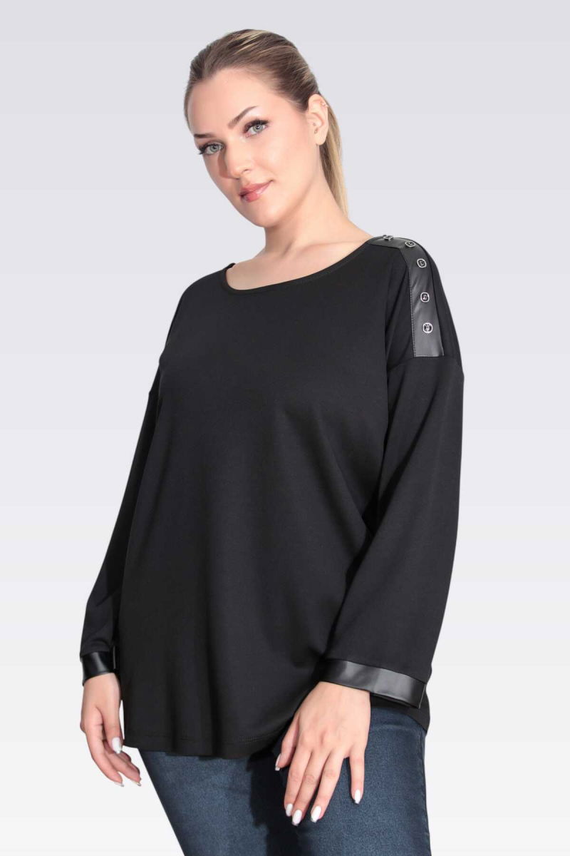 Tolga Saraçoğlu Kadın Suni Deri Detaylı Rahat Kesim Örme Bluz 11089 Siyah - Tolga Saraçoğlu