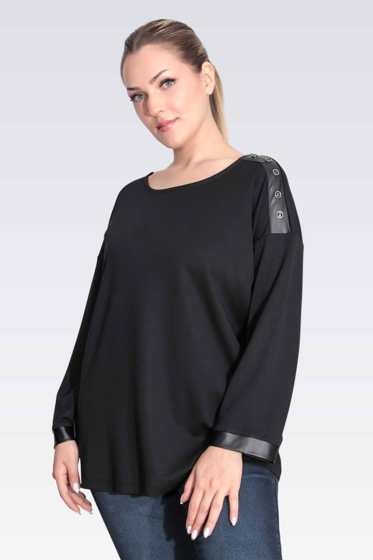 Tolga Saraçoğlu Kadın Suni Deri Detaylı Rahat Kesim Örme Bluz 11089 Siyah - 1