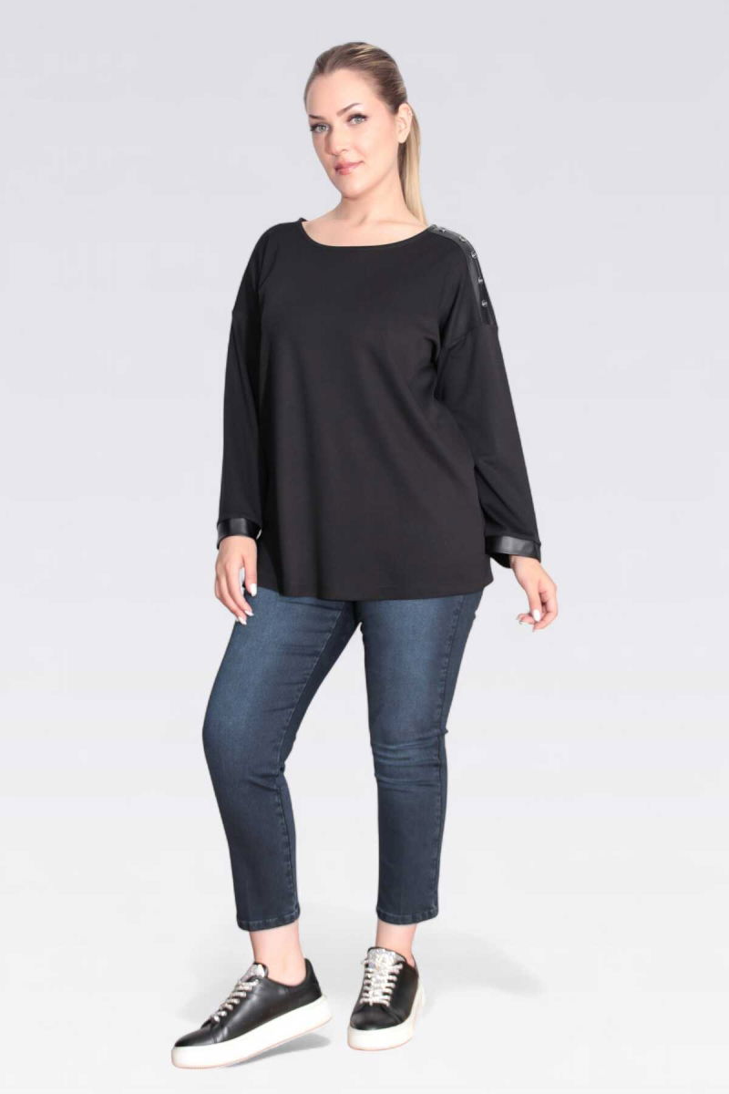 Tolga Saraçoğlu Kadın Suni Deri Detaylı Rahat Kesim Örme Bluz 11089 Siyah - 2