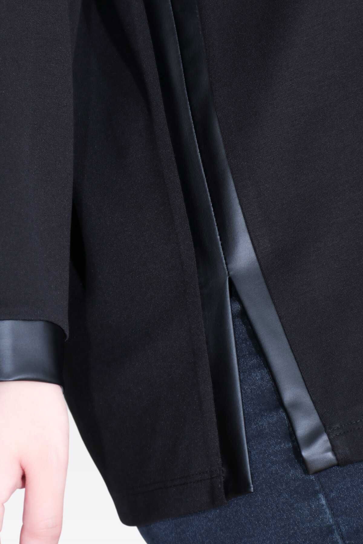 Tolga Saraçoğlu Kadın Suni Deri Detaylı Rahat Kesim Örme Bluz 11089 Siyah - 3