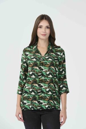Tolga Saraçoğlu Kadın Truvakar Kol Viskon Krinkıl Kumaş Desenli Bluz 10660 Yeşil - 1