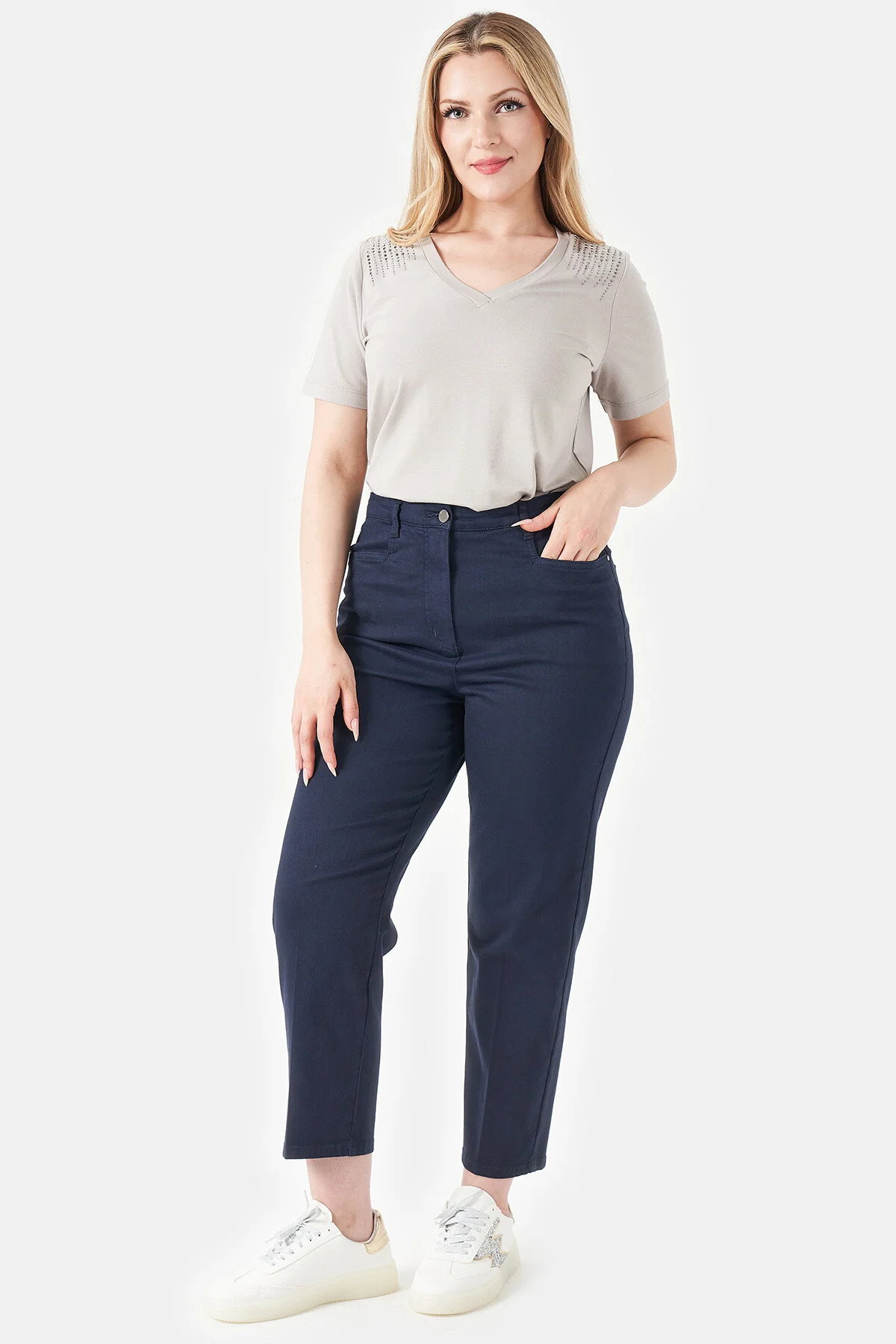 Tolga Saraçoğlu Kadın Yüksek Bel Bilek Boy Pamuklu Pantolon 30215 Lacivert - 1