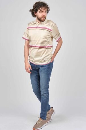 Tony Montana Erkek Cep Detaylı Çizgili Polo Yaka T-Shirt 3180521 Bej - 2