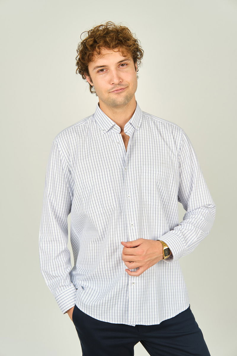 Two Hands Erkek Kareli Çift Cep Detaylı Uzun Kollu Pamuklu Gömlek 2144 Lacivert - Two Hands