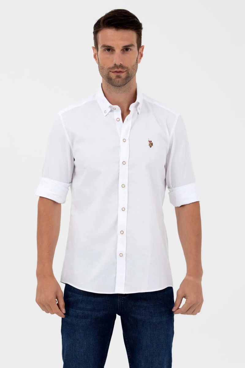 U.S. Polo Assn. Erkek Düğmeli Yaka Slim Fit Uzun Kollu %100 Pamuk Gömlek 1571767 Beyaz - 1