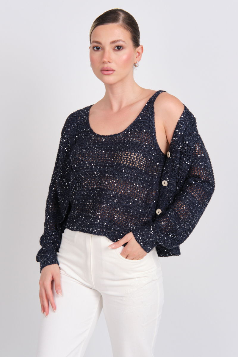 Vero Moda Kadın Vmleılanı Ajurlu Payetli Mevsimlik Hırka 10327775 Lacivert - 1