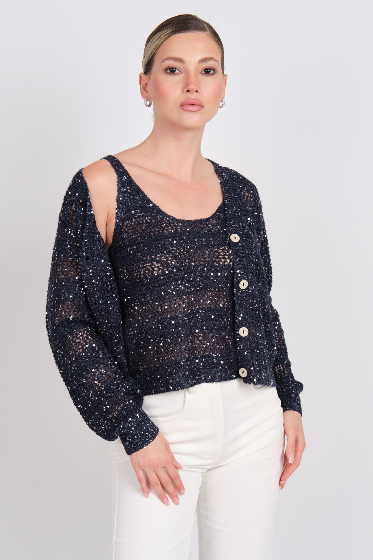 Vero Moda Kadın Vmleılanı Ajurlu Payetli Mevsimlik Hırka 10327775 Lacivert - 2