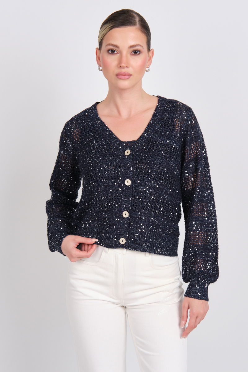 Vero Moda Kadın Vmleılanı Ajurlu Payetli Mevsimlik Hırka 10327775 Lacivert - 3