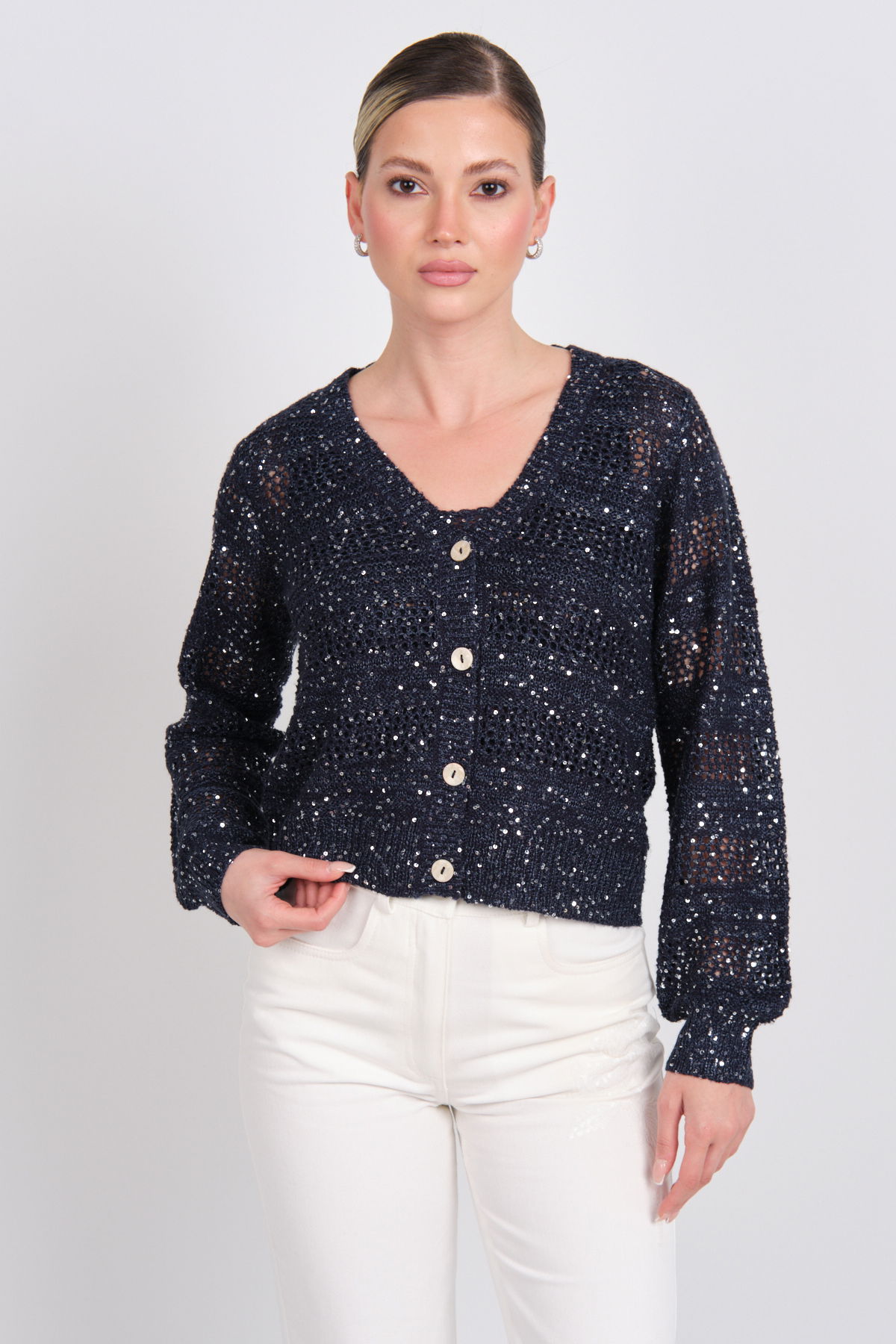 Vero Moda Kadın Vmleılanı Ajurlu Payetli Mevsimlik Hırka 10327775 Lacivert - 3