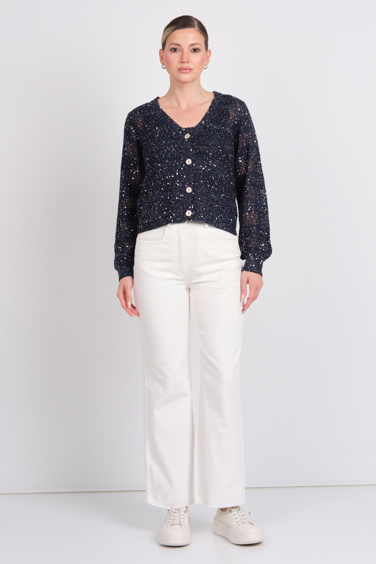 Vero Moda Kadın Vmleılanı Ajurlu Payetli Mevsimlik Hırka 10327775 Lacivert - 4