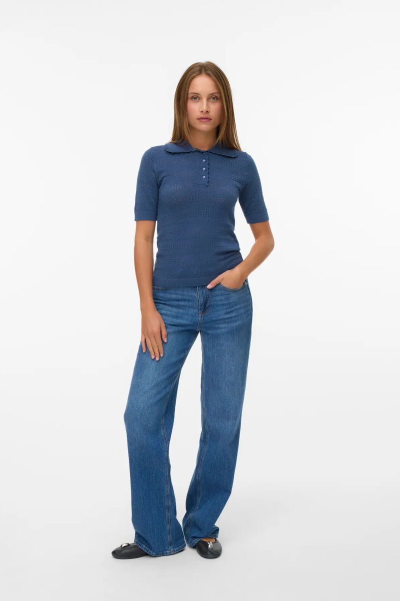 Vero Moda Kadın Vmlımone Polo Yaka Kısa Kollu Kazak 10340101 Indigo - Vero Moda