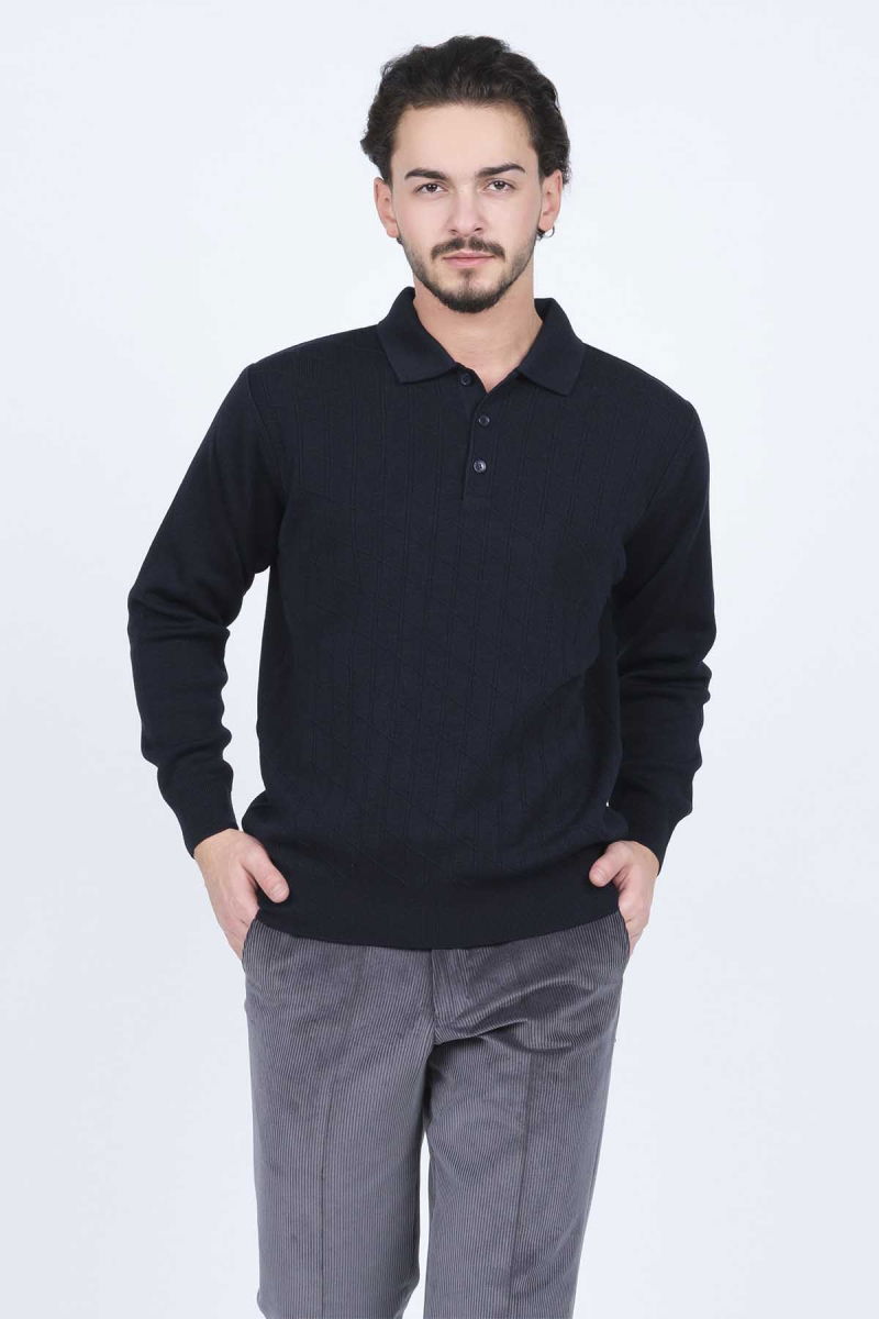 Woolen World Erkek Desenli Polo Yaka Triko Yün Kazak 5597141 Lacivert - 3