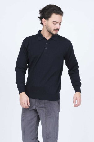 Woolen World Erkek Desenli Polo Yaka Triko Yün Kazak 5597141 Lacivert - 4