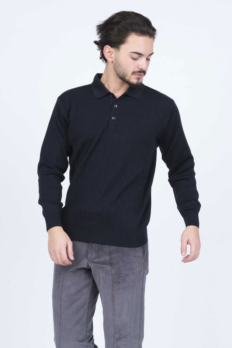 Woolen World Erkek Desenli Polo Yaka Triko Yün Kazak 5597141 Lacivert - 4