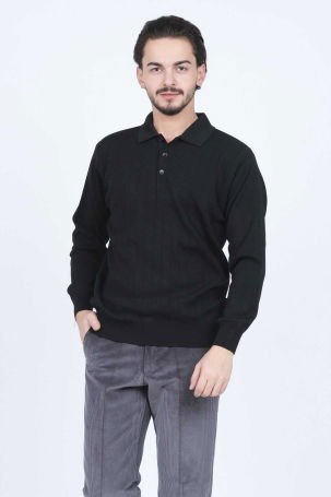 Woolen World Erkek Desenli Polo Yaka Triko Yün Kazak 5597141 Siyah 