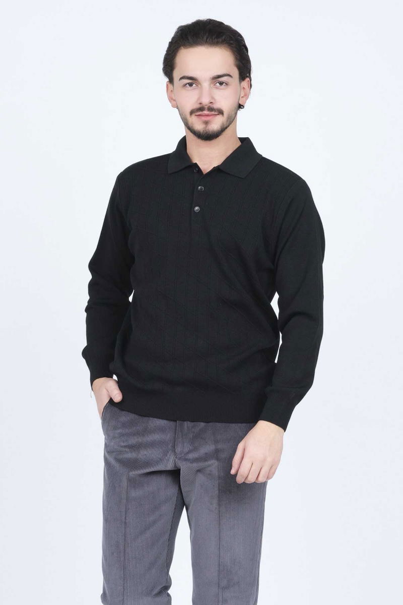 Woolen World Erkek Desenli Polo Yaka Triko Yün Kazak 5597141 Siyah - 1