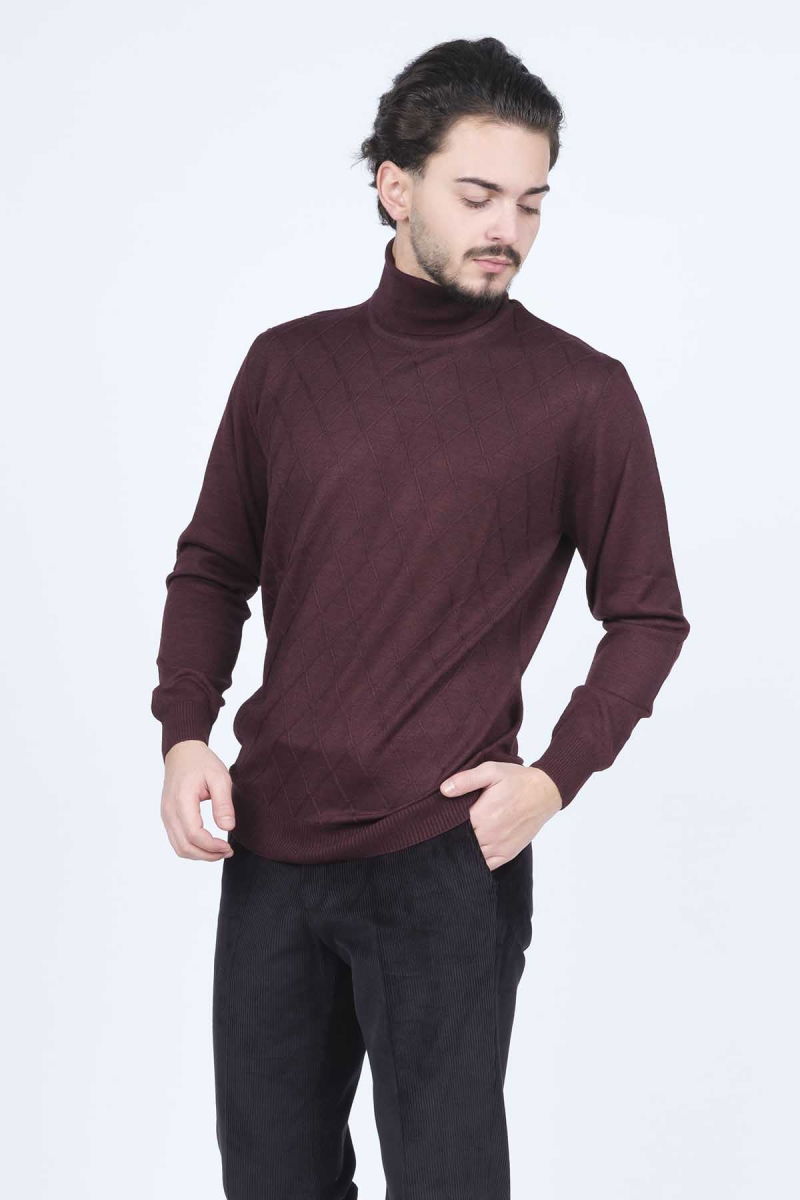 Woolen World Erkek Desenli Tam Balıkçı Triko Yün Kazak 5596984 Bordo - 3