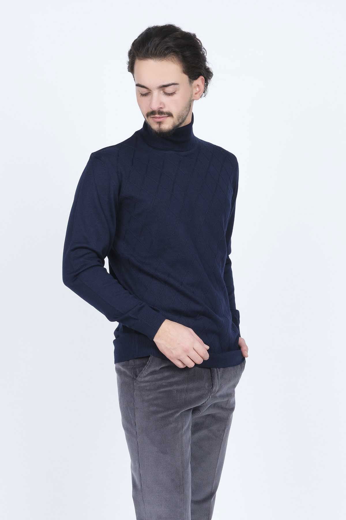 Woolen World Erkek Desenli Tam Balıkçı Triko Yün Kazak 5596984 Lacivert - 1