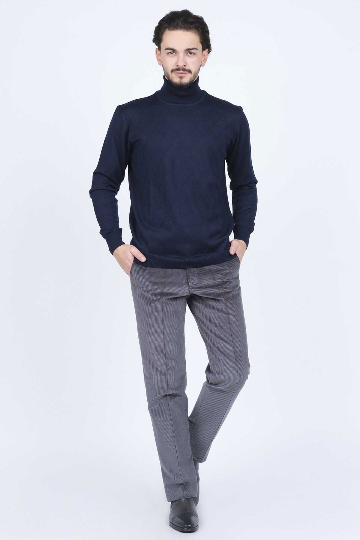 Woolen World Erkek Desenli Tam Balıkçı Triko Yün Kazak 5596984 Lacivert - 2
