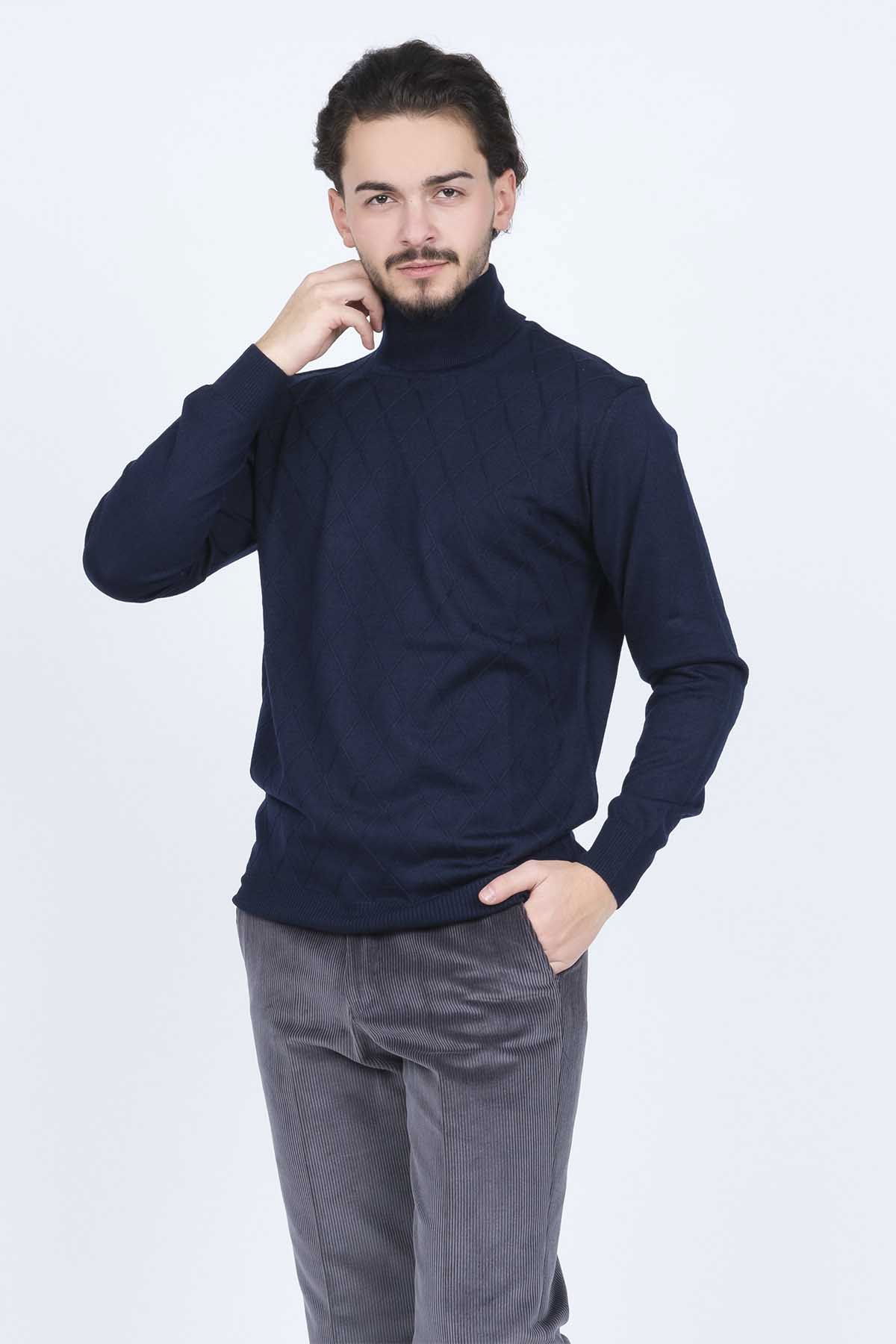 Woolen World Erkek Desenli Tam Balıkçı Triko Yün Kazak 5596984 Lacivert - 3