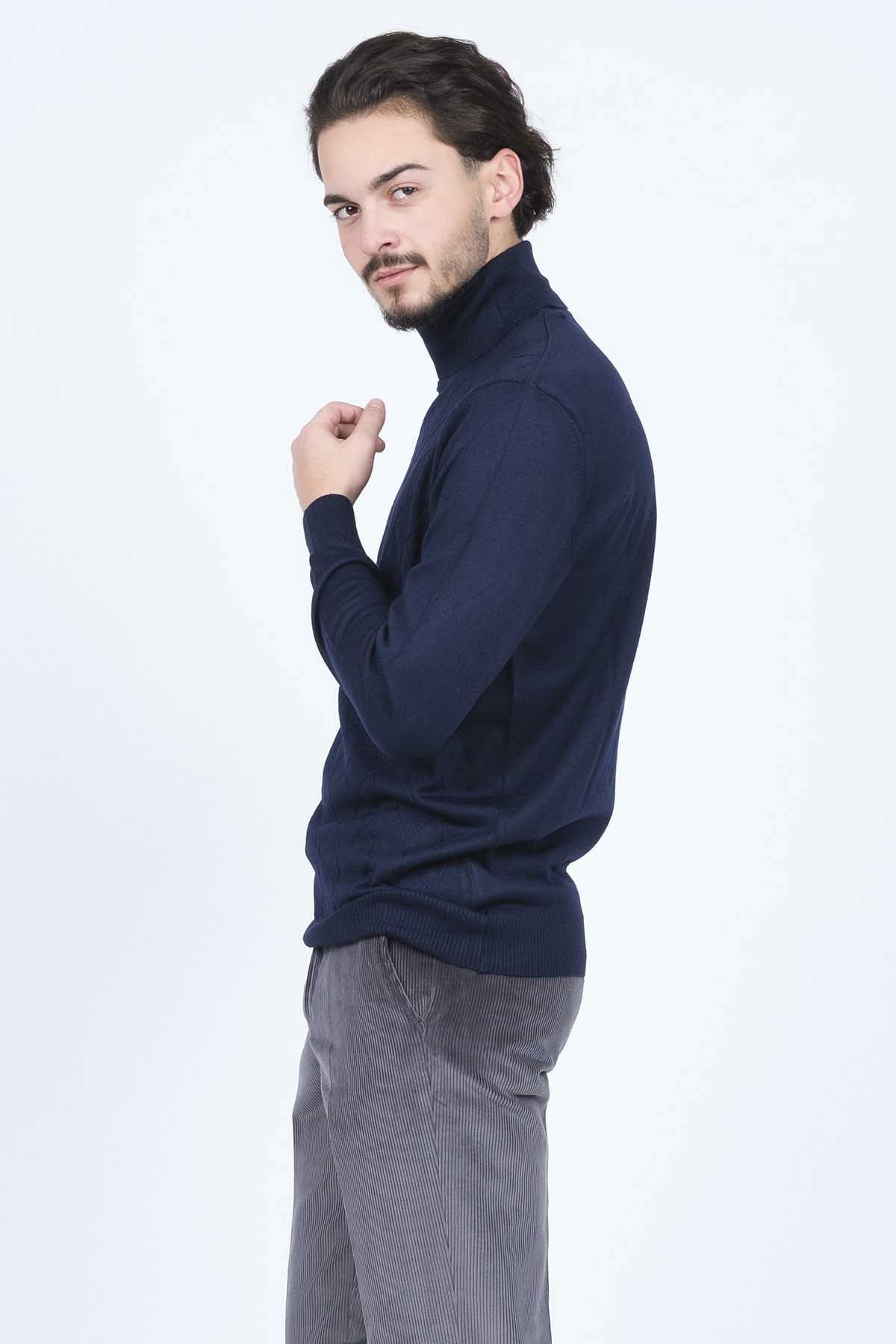 Woolen World Erkek Desenli Tam Balıkçı Triko Yün Kazak 5596984 Lacivert - 4