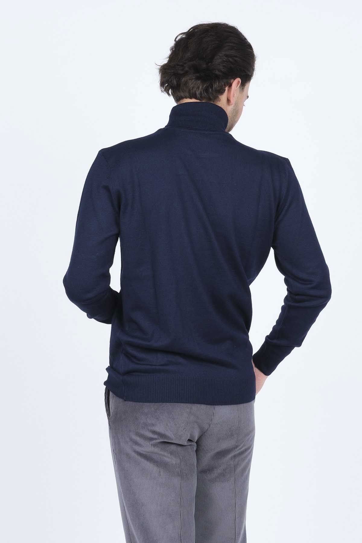 Woolen World Erkek Desenli Tam Balıkçı Triko Yün Kazak 5596984 Lacivert - 5