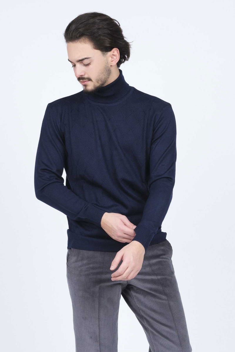 Woolen World Erkek Desenli Tam Balıkçı Triko Yün Kazak 5596984 Lacivert - 6