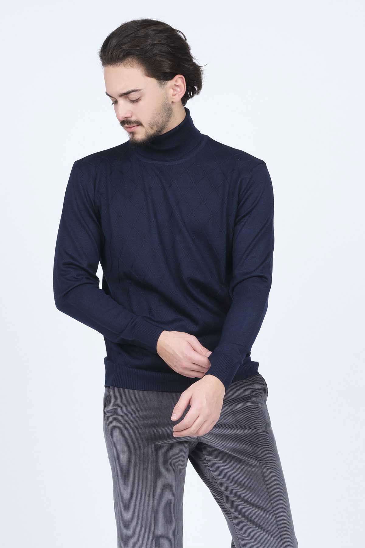 Woolen World Erkek Desenli Tam Balıkçı Triko Yün Kazak 5596984 Lacivert - 6