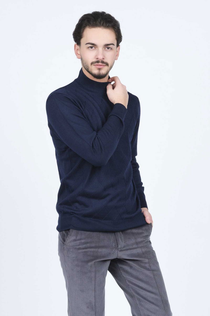 Woolen World Erkek Desenli Yarım Balıkçı Triko Yün Kazak 5596983 Lacivert 