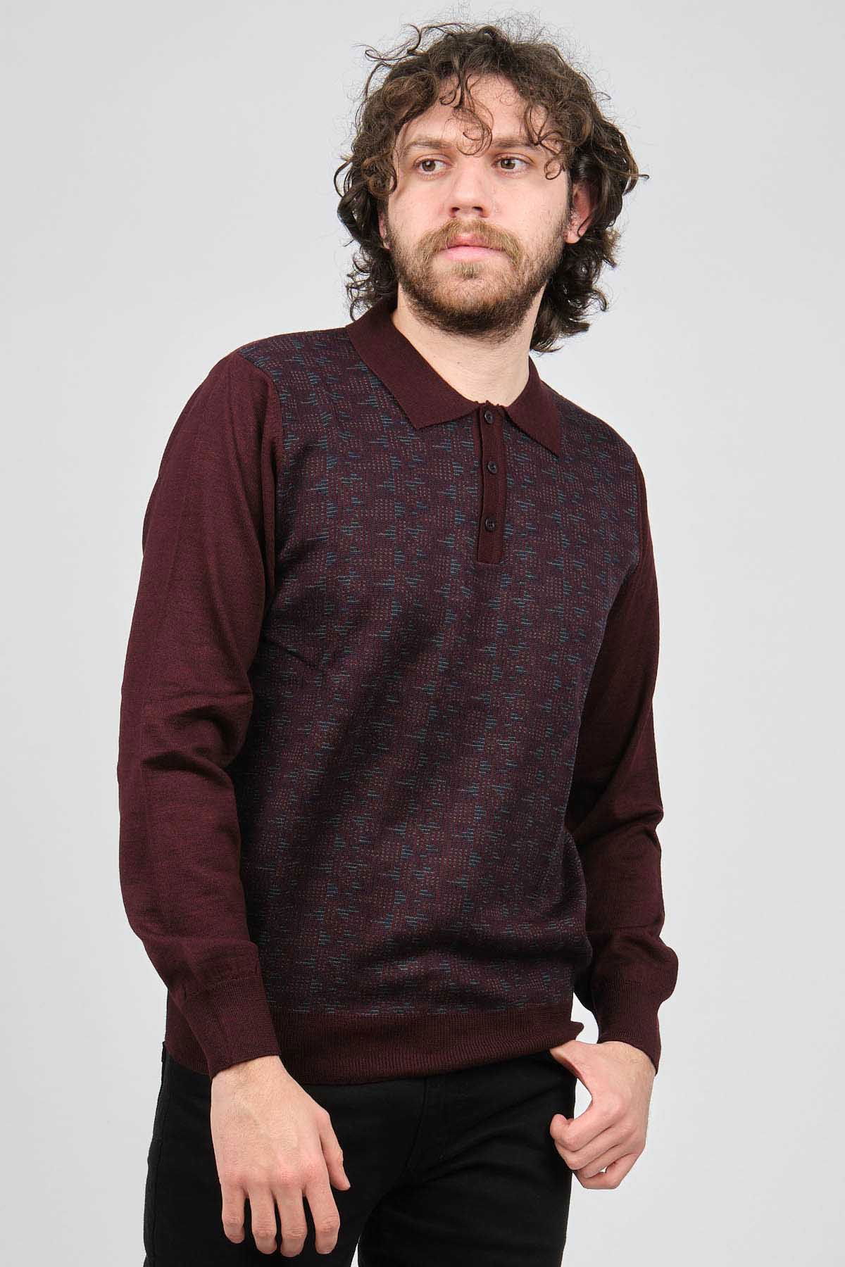 Woolman Erkek Desenli Polo Yaka Yün Kazak 1572001 Bordo - 3