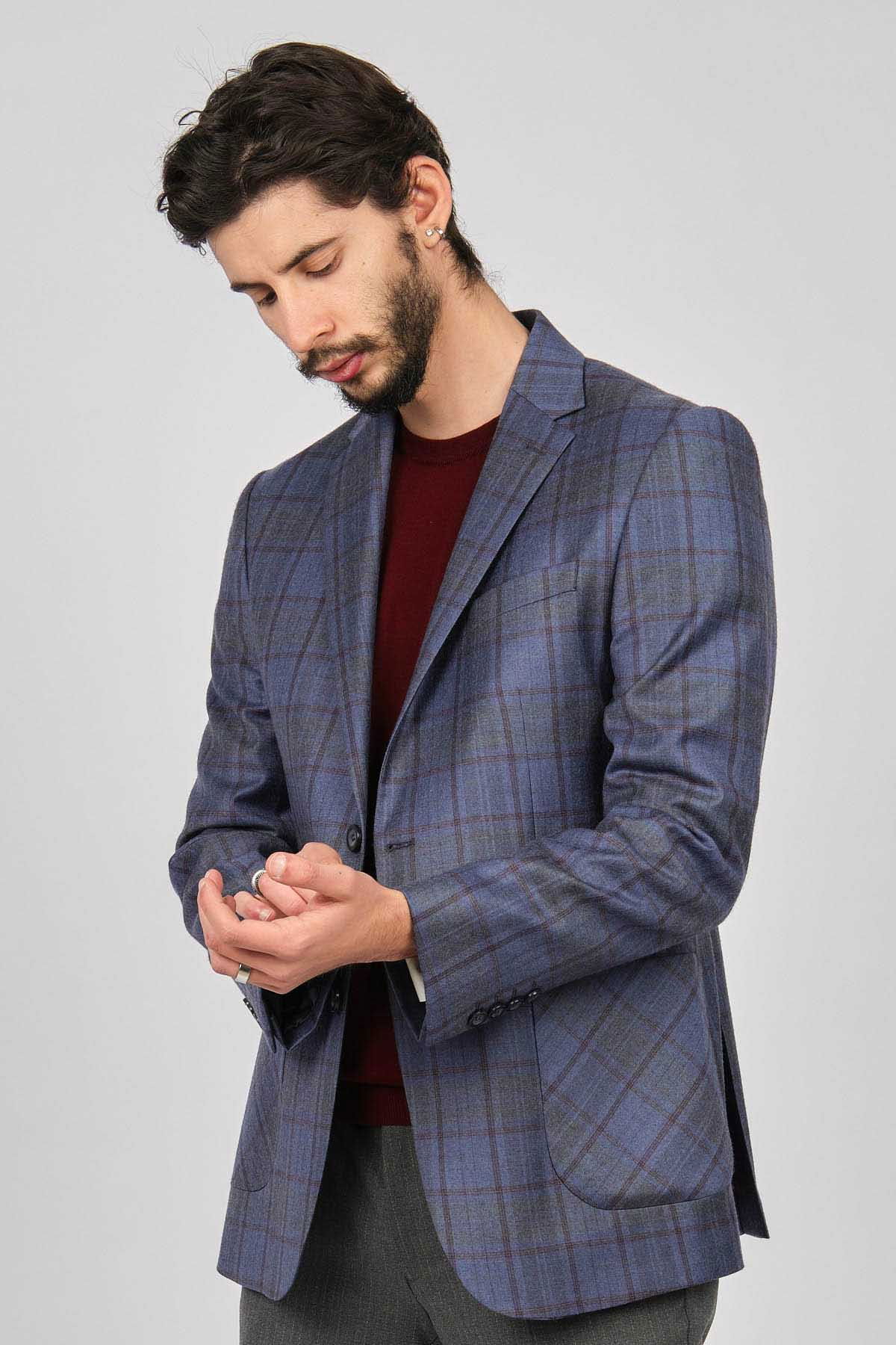 Yünsa Erkek Ekoseli Spor Yün Ceket 2661000 Mavi - 4